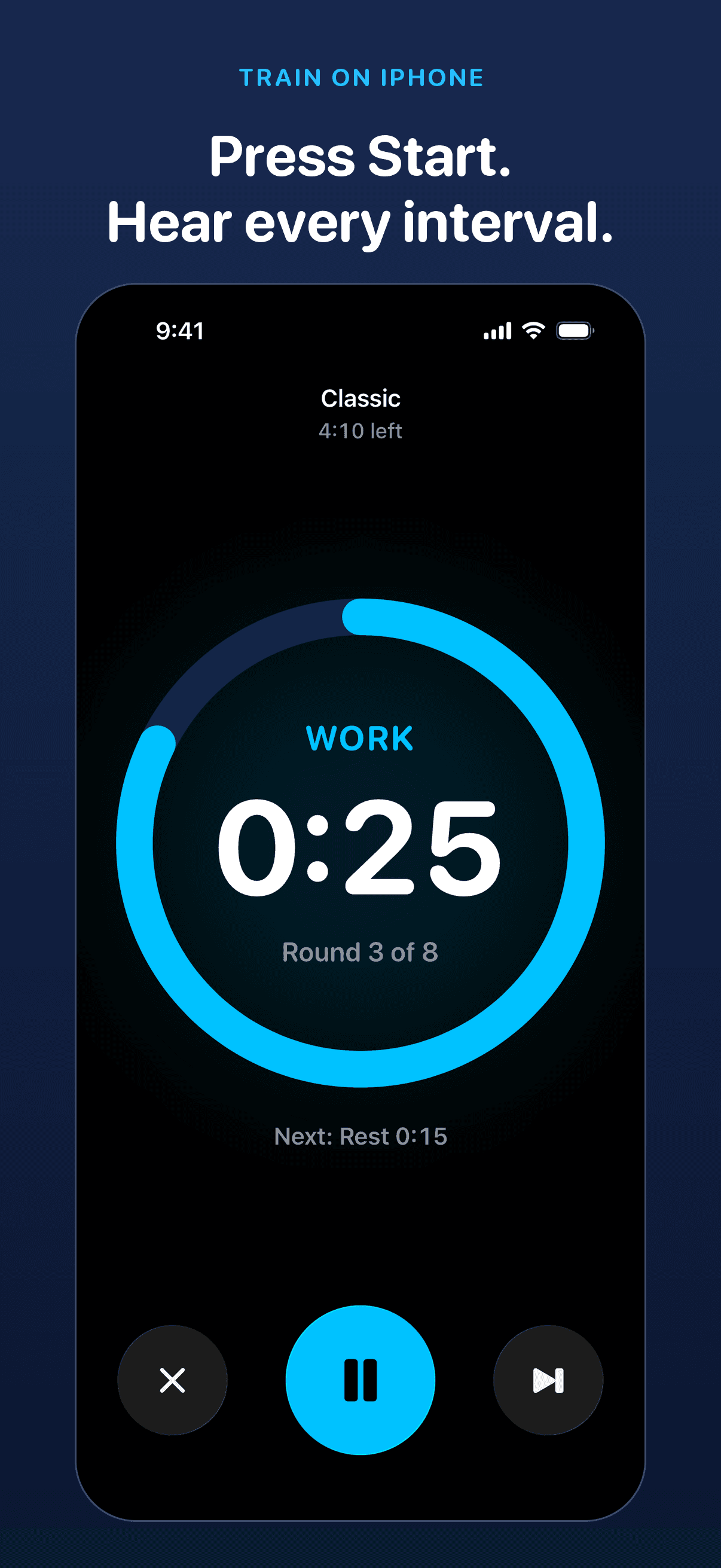 Press Start. Hear every interval. Intervally on iPhone running the Classic workout: a work interval with 0:25 left in a blue ring, round 3 of 8, and rest next.