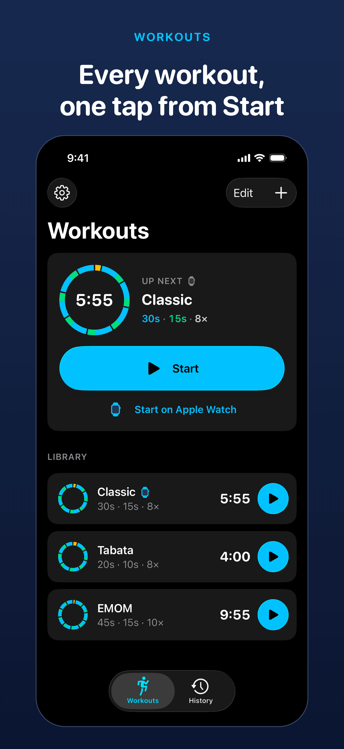 Every workout, one tap from Start. The Workouts screen on iPhone: Classic up next with Start and Start on Apple Watch, above a library of Classic, Tabata and EMOM.