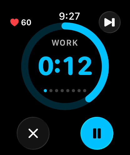 Intervally on Apple Watch during a work interval: 0:12 left in a blue ring, with heart rate, Pause, Skip and End.