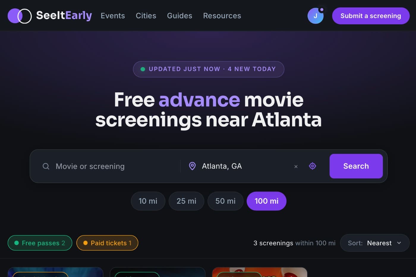 SeeItEarly homepage: free advance movie screenings feed